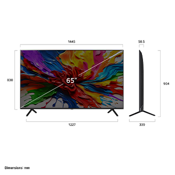 Vue avant et vue latérale du téléviseur intelligent 4K LG QNED evo AI QNED92, illustrant ses dimensions en longueur, largeur, hauteur et profondeur.