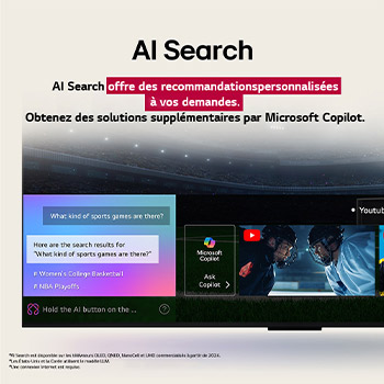 Gros plan sur l’écran du téléviseur LG montrant le fonctionnement d’AI Search. Une petite fenêtre de discussion s’ouvre, montrant que l’utilisateur a demandé quels étaient les jeux sportifs disponibles. AI Search a réagi par le biais d’une discussion en ligne et en affichant des vignettes des contenus disponibles. Une invite à interroger Microsoft Copilot s’affiche également. 