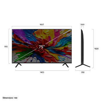 Vue avant et vue latérale du téléviseur intelligent 4K LG QNED evo AI QNED92, illustrant ses dimensions en longueur, largeur, hauteur et profondeur.