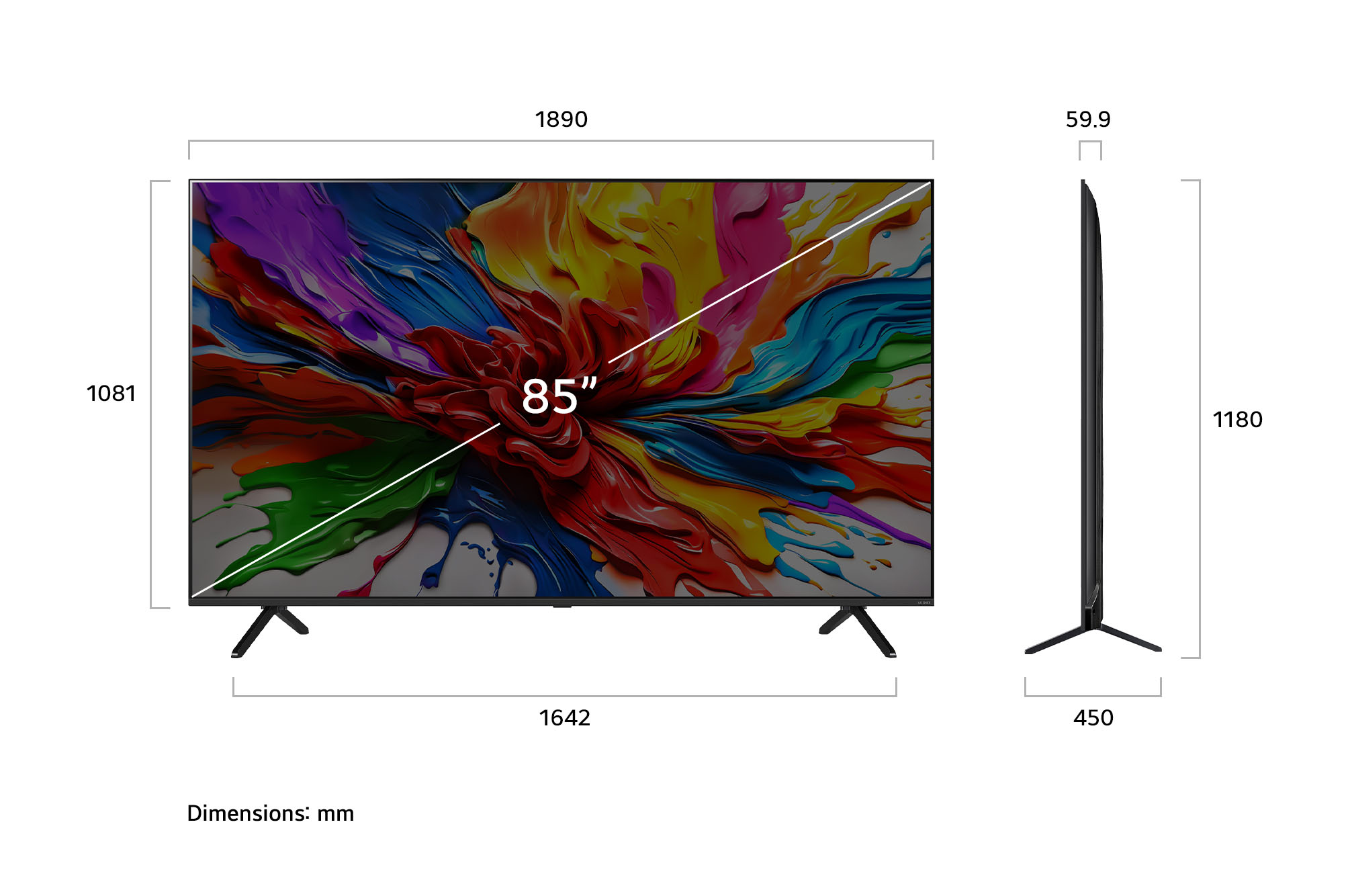 Vue avant et vue latérale du téléviseur intelligent 4K LG QNED evo AI QNED92, illustrant ses dimensions en longueur, largeur, hauteur et profondeur.