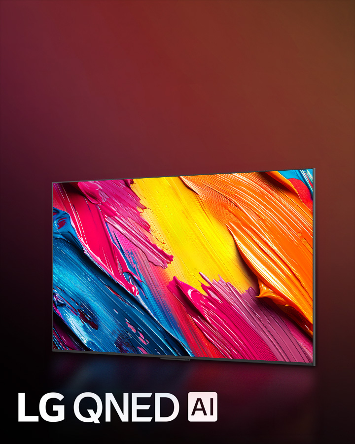 LG QNED TV contre un fond sombre et coloré. L’écran affiche une œuvre d’art lumineuse et colorée qui met en valeur la technologie des couleurs QNED et sa capacité à afficher un large spectre de teintes avec un excellent contraste. Le logo LG QNED AI est visible. Le titre indique : Chaque couleur redéfinie avec la couleur dynamique QNED.