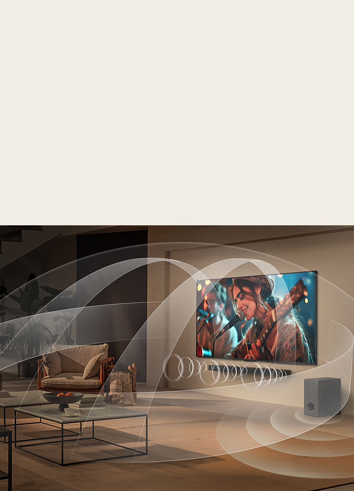 Salon équipé d’un LG QNED TV et d’une barre de son LG avec des graphiques représentant la façon dont les deux appareils remplissent l’espace avec un son environnement sonore multiple.