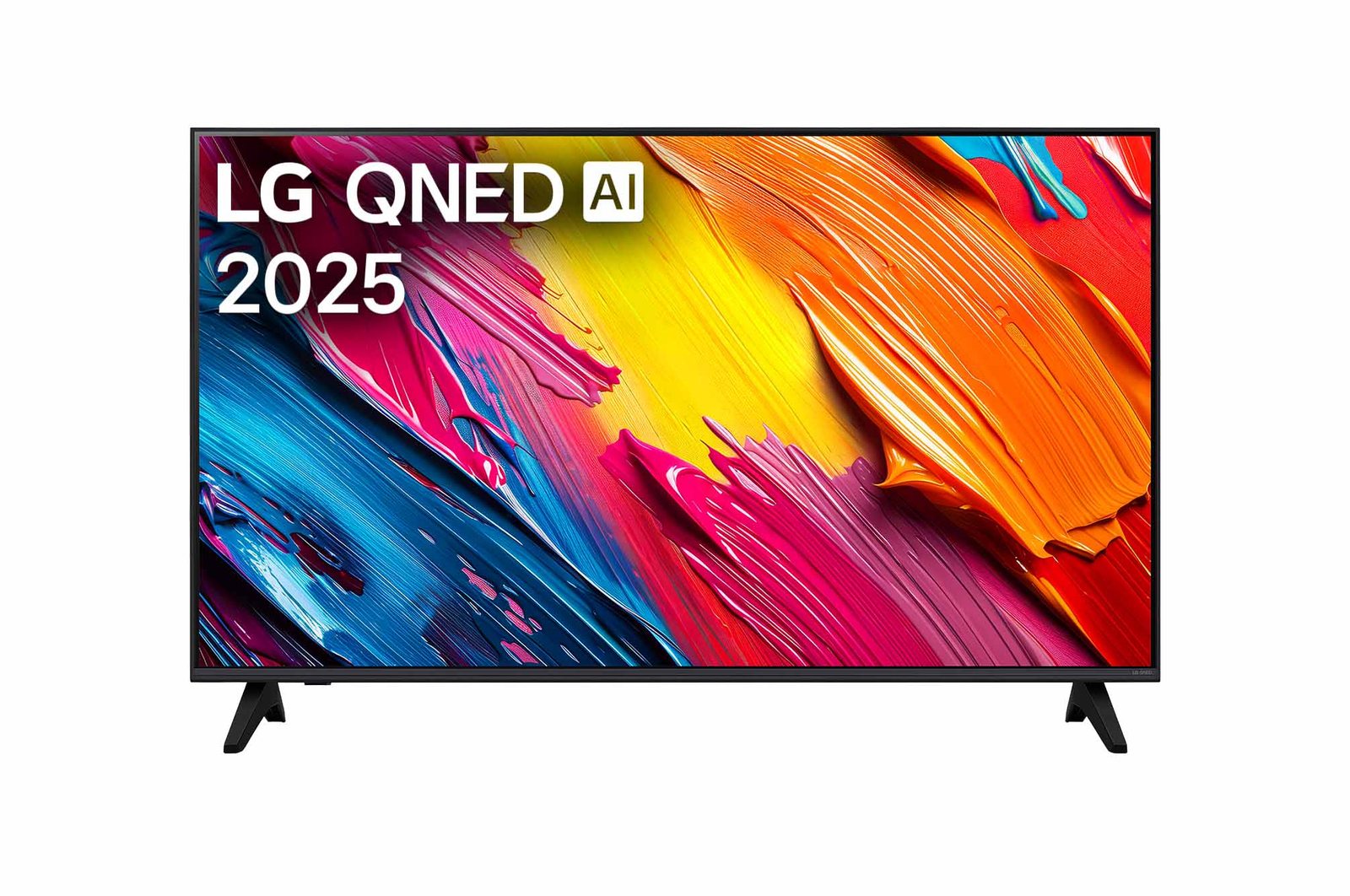 Vue avant du LG QNED70 TV, avec le logo LG QNED AI dans le coin supérieur. Le LG QNED TV présente des textures colorées rappelant une peinture en mouvement.