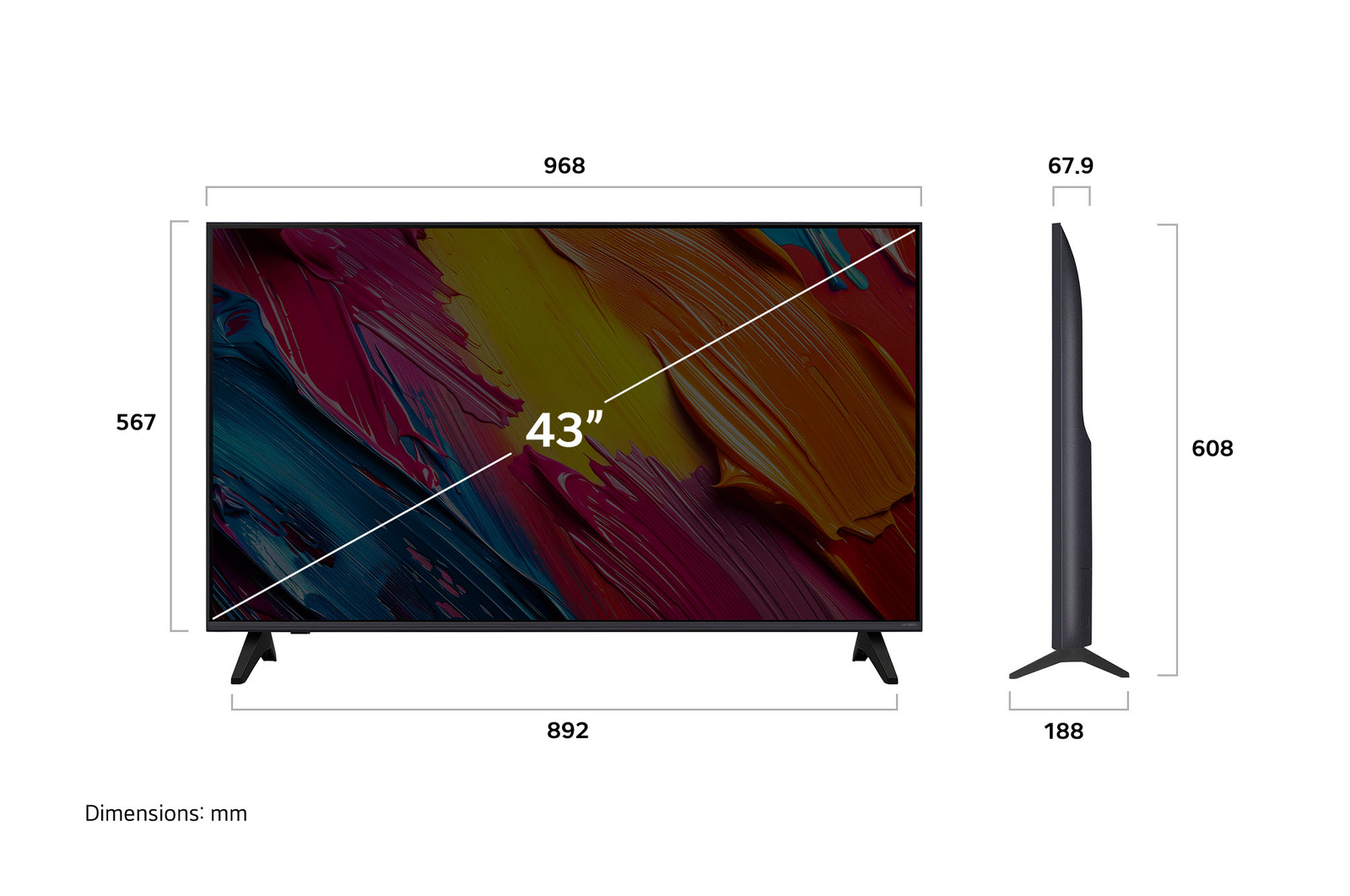 Vue avant et vue latérale du téléviseur smart 4K LG QNED AI QNED70, illustrant ses dimensions en longueur, largeur, hauteur et profondeur.