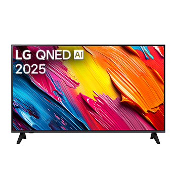 Vue avant du LG QNED70 TV, avec le logo LG QNED AI dans le coin supérieur. Le LG QNED TV présente des textures colorées rappelant une peinture en mouvement.