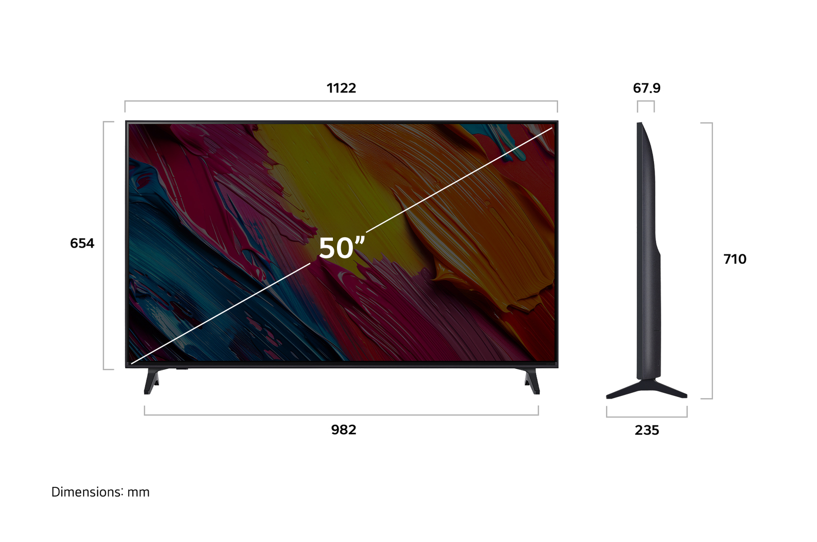 Vue avant et vue latérale du téléviseur smart 4K LG QNED AI QNED70, illustrant ses dimensions en longueur, largeur, hauteur et profondeur.