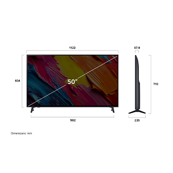 Vue avant et vue latérale du téléviseur smart 4K LG QNED AI QNED70, illustrant ses dimensions en longueur, largeur, hauteur et profondeur.