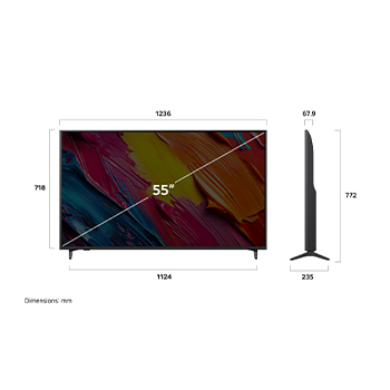 Vue avant et vue latérale du téléviseur smart 4K LG QNED AI QNED70, illustrant ses dimensions en longueur, largeur, hauteur et profondeur.