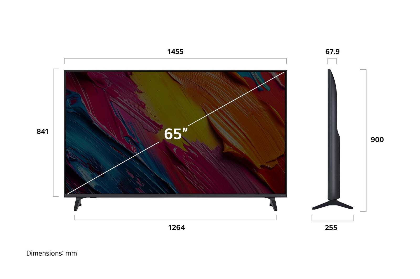 Vue avant et vue latérale du téléviseur smart 4K LG QNED AI QNED70, illustrant ses dimensions en longueur, largeur, hauteur et profondeur.