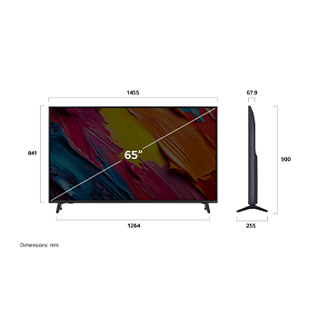 Vue avant et vue latérale du téléviseur smart 4K LG QNED AI QNED70, illustrant ses dimensions en longueur, largeur, hauteur et profondeur.