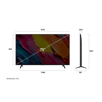 Vue avant et vue latérale du téléviseur smart 4K LG QNED AI QNED70, illustrant ses dimensions en longueur, largeur, hauteur et profondeur.