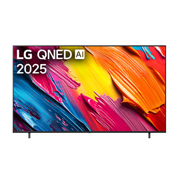 Vue avant du LG QNED70 TV, avec le logo LG QNED AI dans le coin supérieur. Le LG QNED TV présente des textures colorées rappelant une peinture en mouvement.