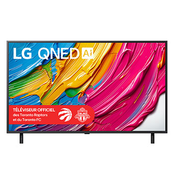 Vue avant du LG QNED80 TV, avec le logo LG QNED AI dans le coin supérieur. Le LG QNED TV présente des textures colorées rappelant une peinture en mouvement.