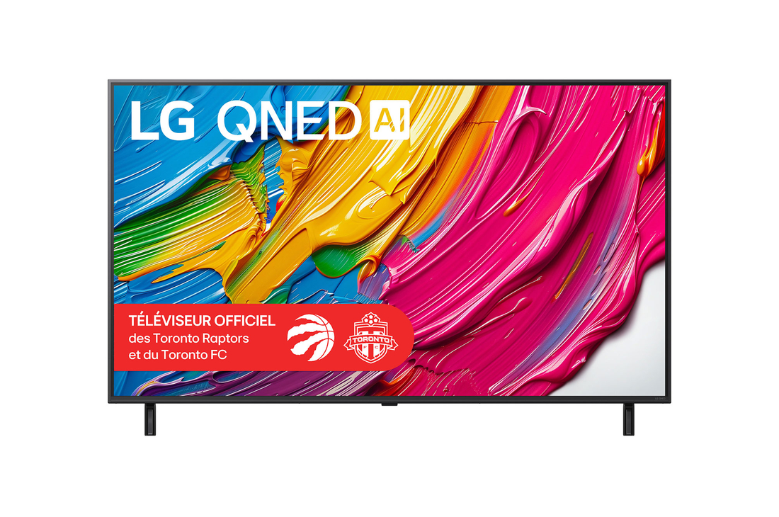 Vue avant du LG QNED80 TV, avec le logo LG QNED AI dans le coin supérieur. Le LG QNED TV présente des textures colorées rappelant une peinture en mouvement.