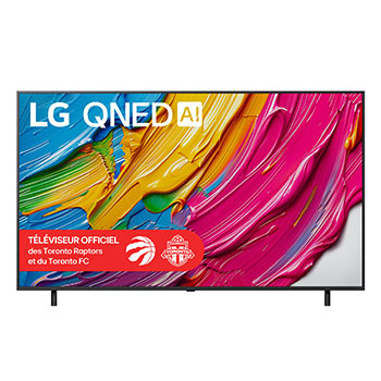 Vue avant du LG QNED80 TV, avec le logo LG QNED AI dans le coin supérieur. Le LG QNED TV présente des textures colorées rappelant une peinture en mouvement.