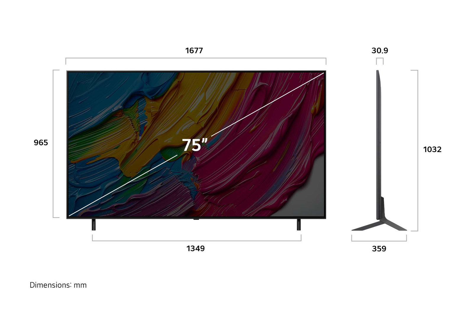 Vue avant et vue latérale du téléviseur smart 4K LG QNED AI QNED80, illustrant ses dimensions en longueur, largeur, hauteur et profondeur.
