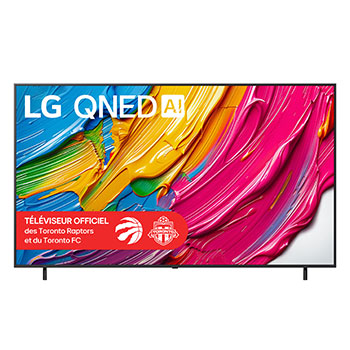 Vue avant du LG QNED80 TV, avec le logo LG QNED AI dans le coin supérieur. Le LG QNED TV présente des textures colorées rappelant une peinture en mouvement.
