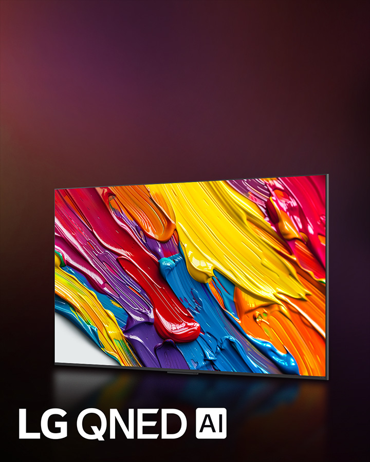 LG QNED TV contre un fond sombre et coloré. L’écran affiche une œuvre d’art lumineuse et colorée qui met en valeur la technologie des couleurs QNED et sa capacité à afficher un large spectre de teintes avec un excellent contraste. Le logo LG QNED AI est visible. Le titre indique : Chaque couleur redéfinie avec la couleur dynamique QNED.