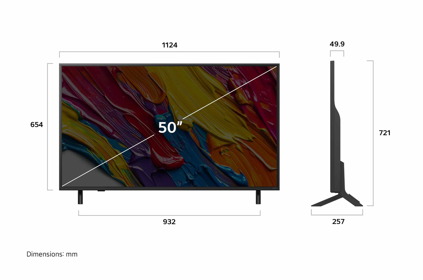 Vue avant et vue latérale du téléviseur smart 4K LG QNED82 AI, illustrant ses dimensions en longueur, largeur, hauteur et profondeur.