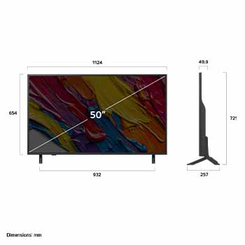 Vue avant et vue latérale du téléviseur smart 4K LG QNED82 AI, illustrant ses dimensions en longueur, largeur, hauteur et profondeur.