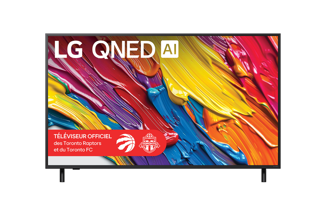 Vue avant du LG QNED82 TV, avec le logo LG QNED AI dans le coin supérieur. Le LG QNED TV présente des textures colorées rappelant une peinture en mouvement.