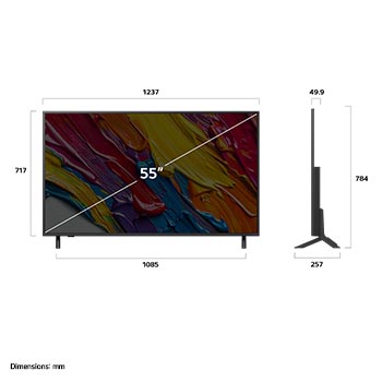 Vue avant et vue latérale du téléviseur smart 4K LG QNED82 AI, illustrant ses dimensions en longueur, largeur, hauteur et profondeur.