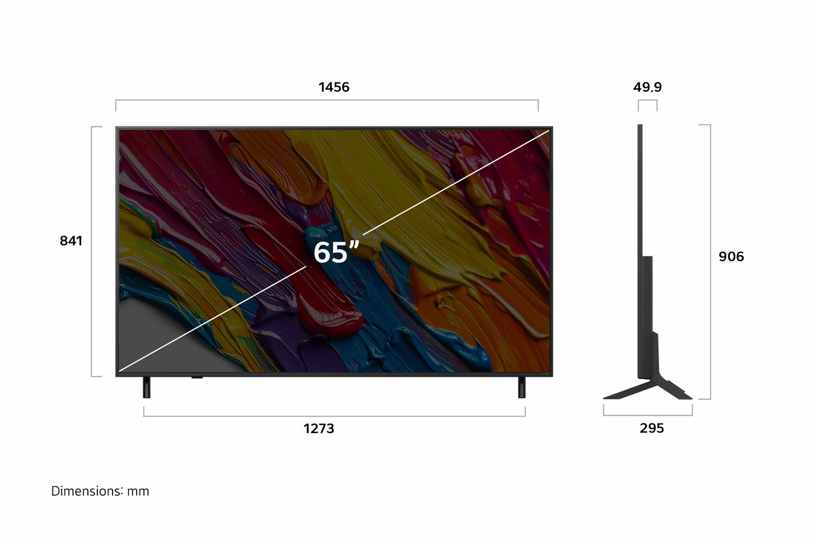 Vue avant et vue latérale du téléviseur smart 4K LG QNED82 AI, illustrant ses dimensions en longueur, largeur, hauteur et profondeur.
