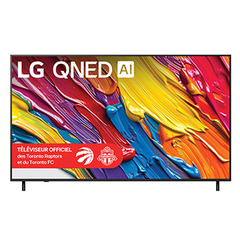 Vue avant du LG QNED82 TV, avec le logo LG QNED AI dans le coin supérieur. Le LG QNED TV présente des textures colorées rappelant une peinture en mouvement.