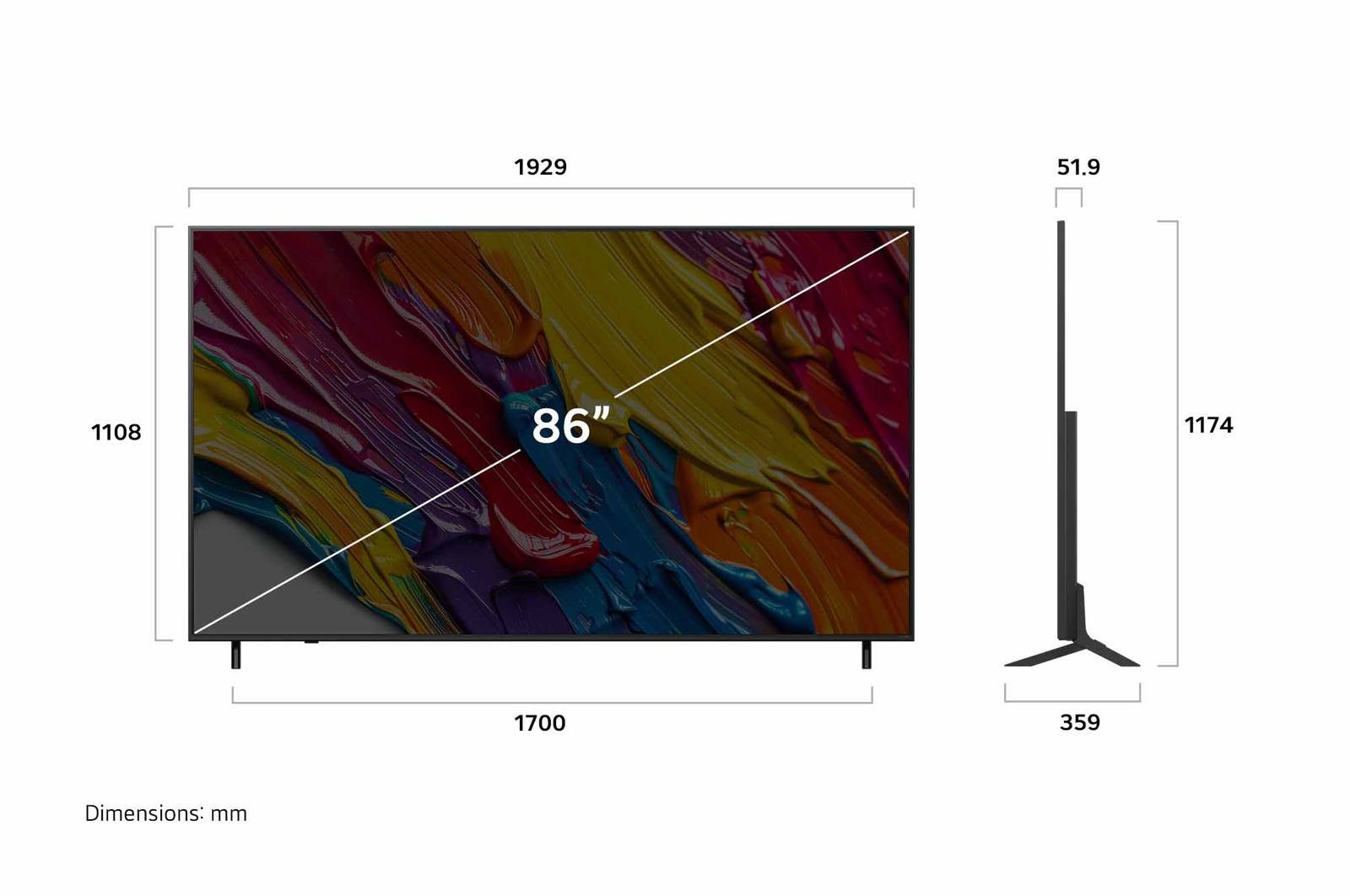 Vue avant et vue latérale du téléviseur smart 4K LG QNED82 AI, illustrant ses dimensions en longueur, largeur, hauteur et profondeur.