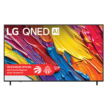 Vue avant du LG QNED82 TV, avec le logo LG QNED AI dans le coin supérieur. Le LG QNED TV présente des textures colorées rappelant une peinture en mouvement.