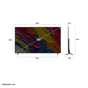 Vue avant et vue latérale du téléviseur smart 4K LG QNED82 AI, illustrant ses dimensions en longueur, largeur, hauteur et profondeur.