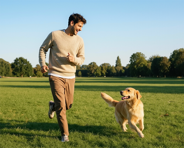 Un homme jouant avec un golden retriever dans un parc ensoleillé lors d’une promenade détendue