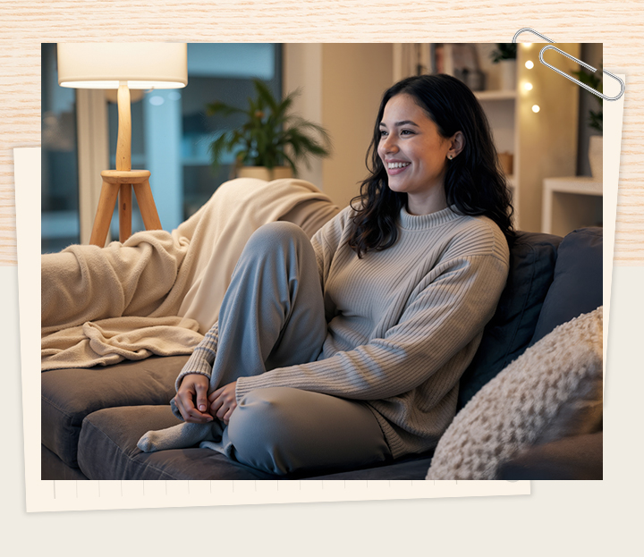 Une femme assise sur un sofa lors d’une soirée tranquille, affichant un sourire radieux tout en regardant la télévision à côté d’une lampe diffusant un doux éclairage.