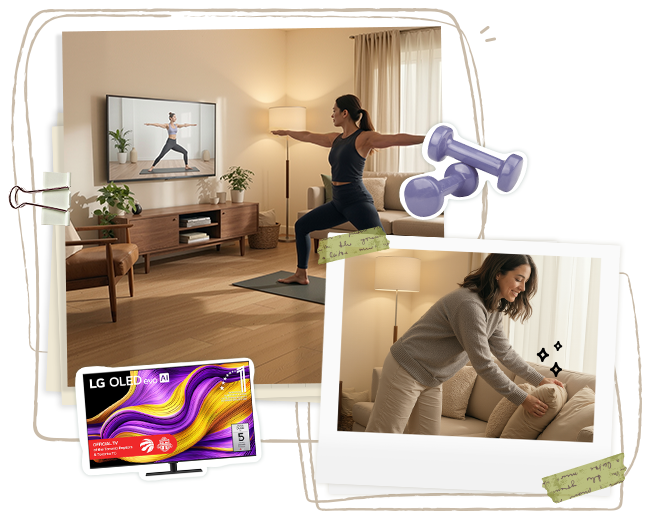 Image de style collage montrant une femme faisant de l’exercice sur un tapis de yoga, un téléviseur diffusant une vidéo d’entraînement et des autocollants d’équipement de conditionnement physique.