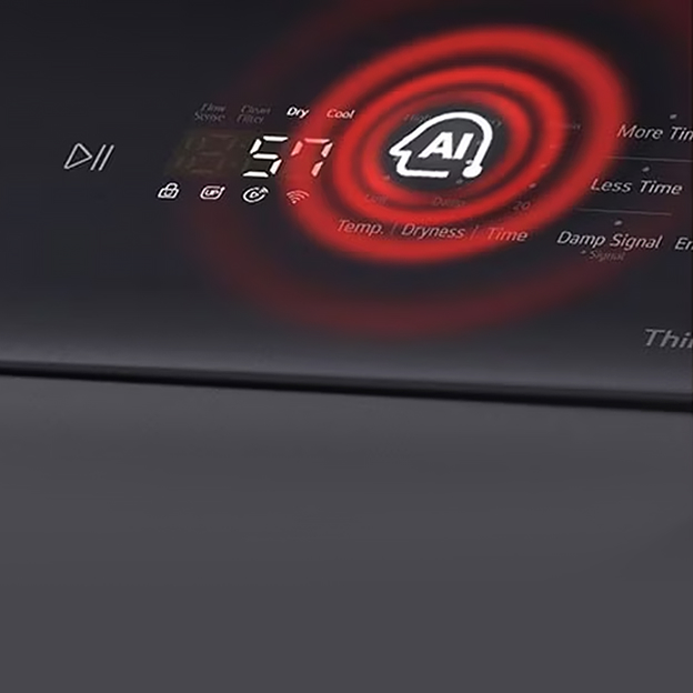 Tableau de commande LG avec icône AI et affichage du cycle illustre AI Sensor Dry ajustant le séchage selon l'humidité.