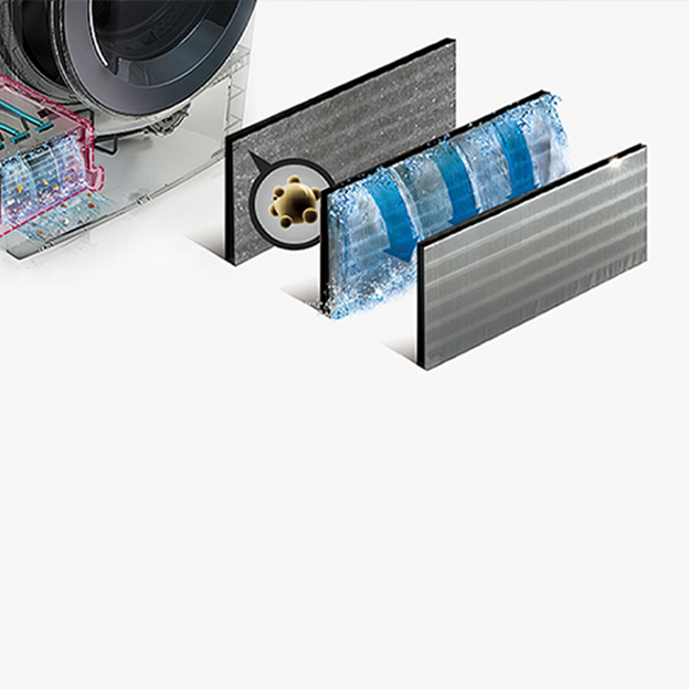 Vue en coupe LG avec couches de filtre et flux d'eau illustre l'Auto Cleaning Condenser pour un entretien facile et un séchage efficace.