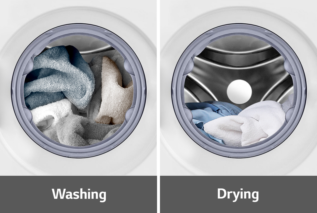 LG sèche-linge comparaison des tambours étiquetés lavage et séchage montre la différence de capacité de charge.