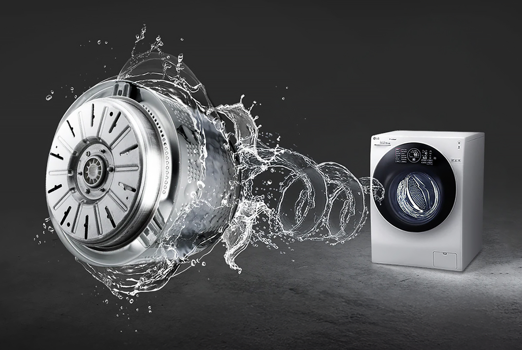 LG lave-linge avec graphique de tambour rotatif illustre la puissance du moteur Inverter Direct Drive pour un lavage stable et précis.