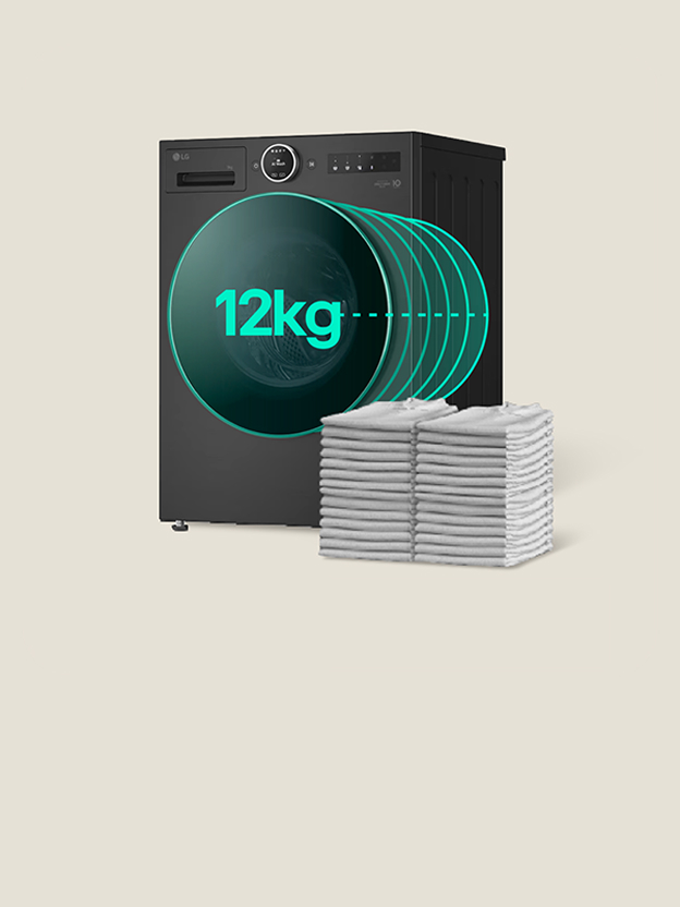 LG lave-linge comparaison des tambours de 8kg et 12kg à côté de chemises empilées montre comment la capacité affecte la taille de la charge.