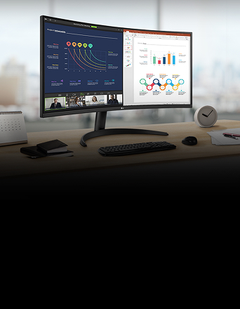 Un bureau équipé d’un moniteur LG UltraWide incurvé, dans un environnement de travail épuré.