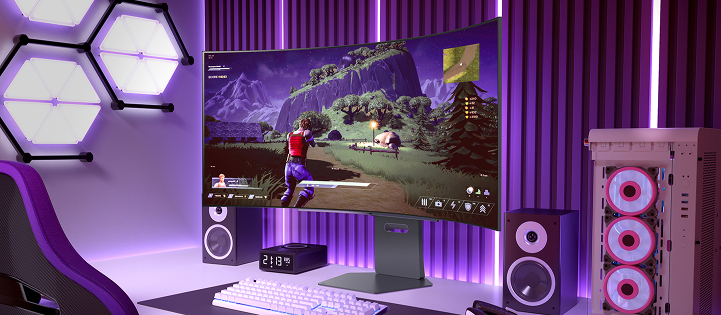 Un moniteur LG UltraGear dans une salle de jeu, affichant une partie à l’écran, entouré d’un éclairage LED autour de l’installation.