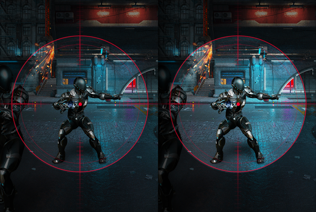 Moniteur gaming LG comparant une scène sombre avant/après Black Stabilizer, illustrant une meilleure visibilité.