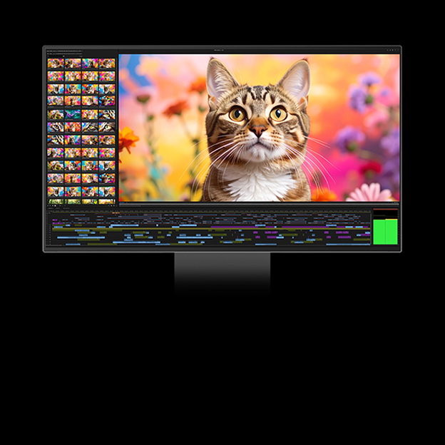 Écran de moniteur LG avec chat, palette de couleurs et graphismes, illustrant une large gamme de couleurs.