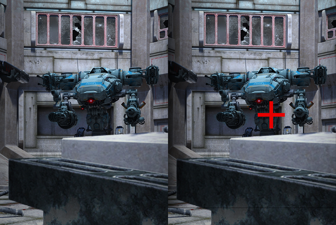 Moniteur gaming LG montrant une scène de robot avec un réticule rouge, illustrant l'aide à la visée.