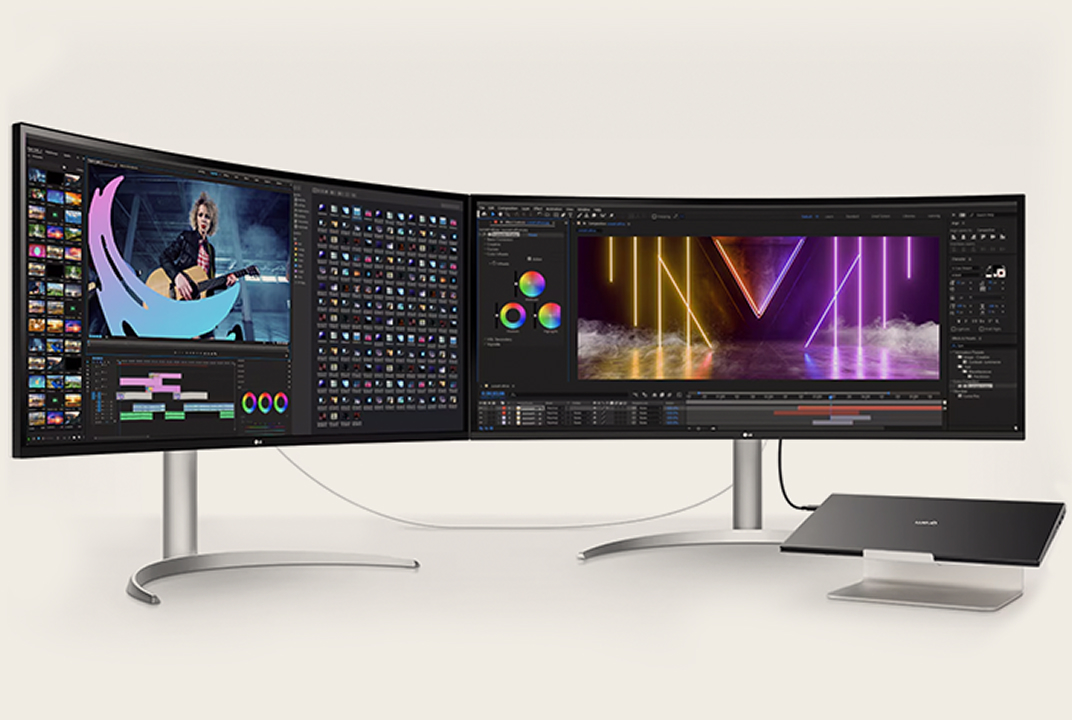 Configuration de moniteur LG reliant un portable à deux écrans, illustrant le multitâche par Daisy Chain.