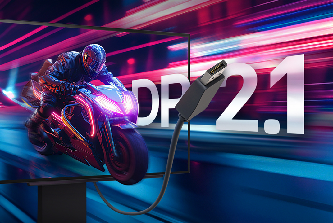 Scène de course sur moniteur LG avec texte DP 2.1, illustrant la connectivité DisplayPort.
