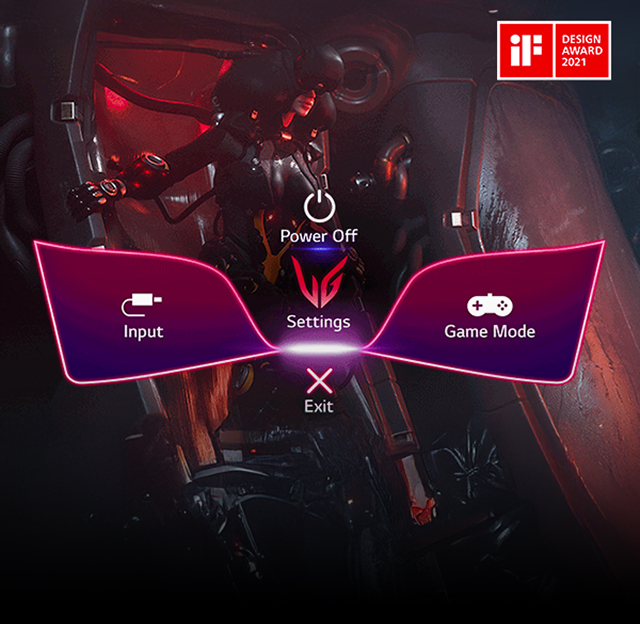 Moniteur gaming LG avec menu de réglages violet, illustrant les commandes de l'interface GUI.