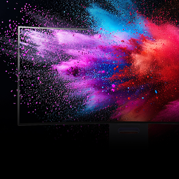 Écran de moniteur LG avec explosions de poudre rose et bleue, illustrant DisplayHDR 400 et DCI-P3.