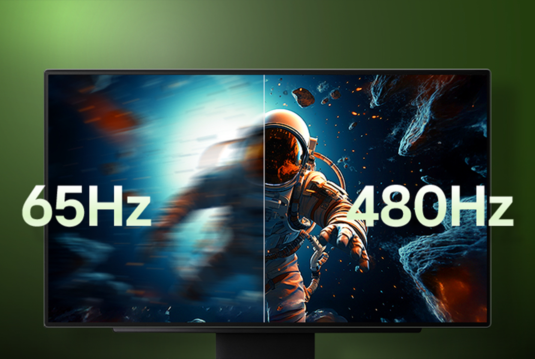 Moniteur de jeu LG comparant une scène d'astronaute 65Hz floue et 480Hz nette illustre la différence de clarté de mouvement.