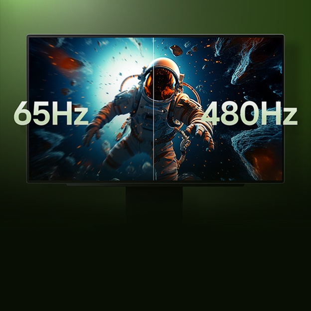 Moniteur de jeu LG comparant une scène d'astronaute 65Hz floue et 480Hz nette illustre la différence de clarté de mouvement.